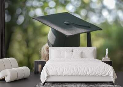 A woman wearing a black graduation gown and cap stands in a forest Wall mural