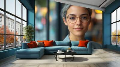 A woman wearing glasses and a jacket stands in front of a window. She has a smile on her face and she is happy Wall mural