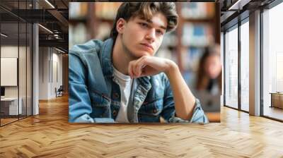 A young man is sitting at a table with a book open in front of him Wall mural