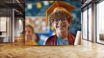 A young man wearing a graduation cap and gown is smiling and holding a diploma Wall mural