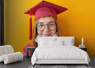 A young woman wearing a red graduation cap and glasses is smiling at the camera Wall mural