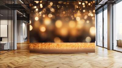 Christmas background with bokeh lights and wooden table, product display. Wall mural