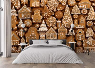 Christmas gingerbread cookies on a wooden background. Decorated with snowflakes and garlands. Wall mural