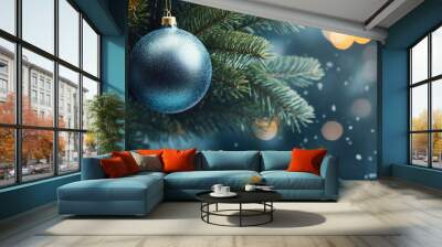 Christmas tree branch with blue bauble and bokeh lights background. Wall mural