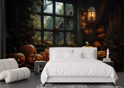 Happy Halloween background spooky scene, creepy dark night with jack o lantern pumpkins spooky ghosts horror gothic evil mysterious night haunted haloween house backdrop. Wall mural