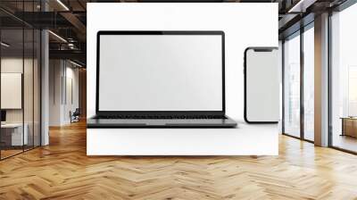 Laptop computer and mobile phone mock ups isolated on white background. Blank white empty mockup screen of computer and smartphone technology digital devices set templates. Wall mural