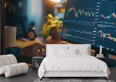 Stock trading investor, financial advisor or analyst working analysing crypto exchange market charts using computer investing money in finances market analyzing data on screen, hands closeup. Wall mural