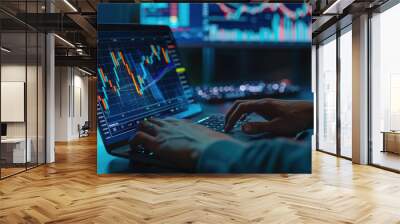 Stock trading investor trader broker using crypto exchange platform analyzing chart data on screen. Online investing money in financial market prices indexes analysis and forecast background. Wall mural