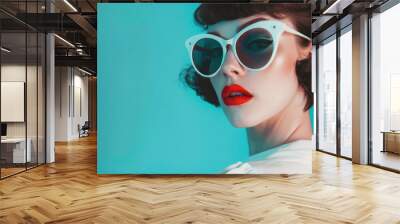 Stylish cool young pinup woman, beautiful pop art pin up lady fashion model wearing bright color clothes and retro vintage sunglasses in 50s 60s style posing for portrait on background. Wall mural