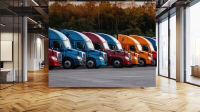 Transport delivery shipment cargo trucks vehicles parked on road. Business distribution express service. Cargo freight lorry distribution, transportation delivering logistic commercial industry. Wall mural