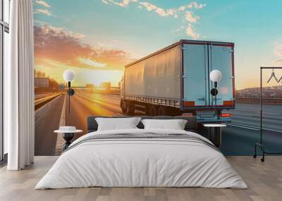 Truck vehicle driving moving on highway road. Business service. Freight lorry trailer shipping distribution, delivering logistic commercial shipment, transportation industry, cargo delivery transport. Wall mural