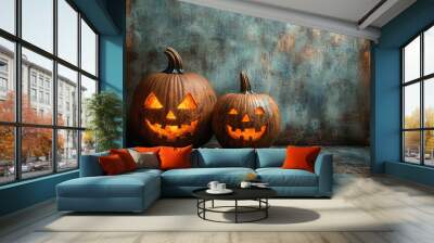 Two pumpkins with glowing eyes and smiling faces are placed on a wooden surface. Concept of warmth and joy, as the pumpkins seem to be happy and welcoming Wall mural