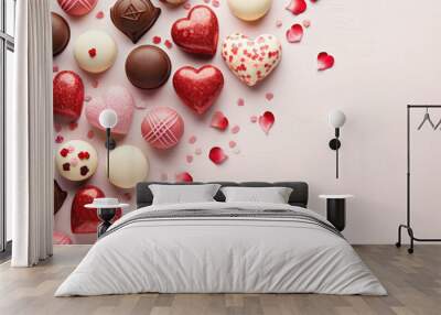 Valentine's Day background with chocolate candies, hearts and confetti. Top view with copy space. Wall mural