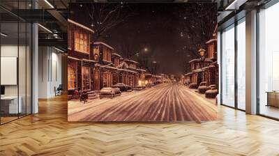 Winter snowy small cozy street with lights in houses, falling snow town night landscape. Winter holidays night time backdrop. Merry Christmas vintage retro illustration background. Wall mural