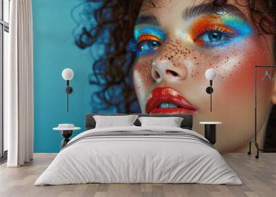 Young woman fashion model, beautiful with bright color glitter colour beauty creative trendy stylish glow makeup. Face and hair makeover. Portrait. Make up artist ads background. Close up. Wall mural