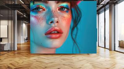 Young woman fashion model, beautiful with bright color glitter colour beauty creative trendy stylish glow makeup. Face and hair makeover. Portrait. Make up artist ads background. Close up. Wall mural