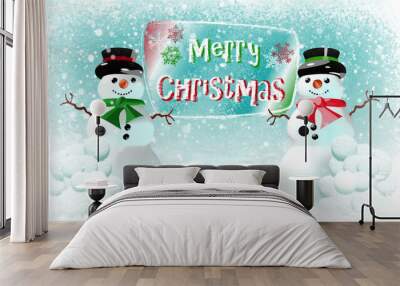 Two waving snowmen. 3D Cartoon illustration with Merry Christmas message. Also available as an animation - search for 197536432 in Videos. Wall mural