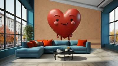 A cheerful, red heart character with arms and a smiling face stands against a brown background. Wall mural