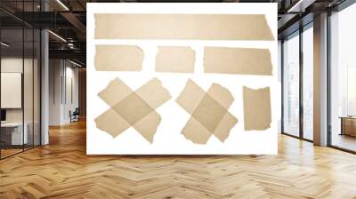 Collection of yellow aged duct tape. Collection of various adhesive tapes. Scotch tape isolated on a white background. Copy space Wall mural