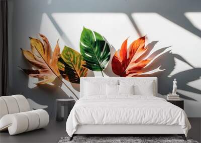 Creative layout of colorful palm leaves on a white background in the rays of the sun, with shadows. Minimal summer exotic concept with copy space Wall mural