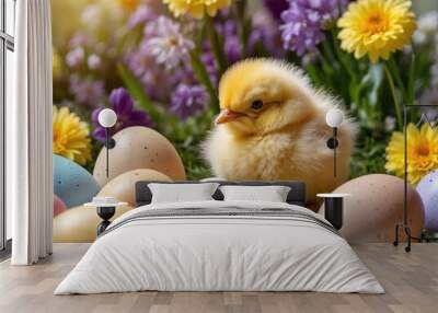 Happy Easter yellow chick with Easter eggs surrounded by spring flowers on a floral background. Easter concept Wall mural