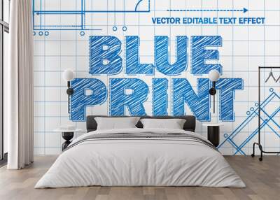 blueprint architect drawing style editable text effect font engineering architectural template design Wall mural