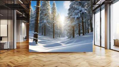 Snow Forest Mountain Tree Landscape Winter background. A serene winter landscape with a snow covered forest and mountain range, gleaming peaks, snow laden slopes Wall mural