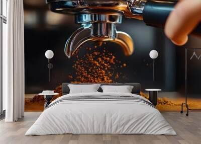 A close-up of a barista’s hand adjusting the settings on a coffee grinder, with freshly ground coffee pouring into the portafilter Wall mural