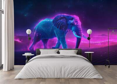 A large neon elephant, glowing in shades of blue and purple, walks across a glowing desert landscape. Its tusks shine bright white, and each step it takes leaves a faint neon imprint in the sand Wall mural