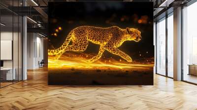 A neon cheetah, glowing in bright yellow and orange, sprints at full speed across a glowing desert landscape Wall mural