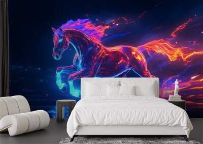 A neon horse galloping across a dark landscape, its hooves glowing bright blue and leaving neon trails behind. The horse’s mane and tail glow in vibrant reds and oranges, creating a powerful, Wall mural