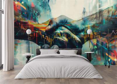 Abstract design art concept, financial business collage, stock market and finance, hands shaking each other Wall mural