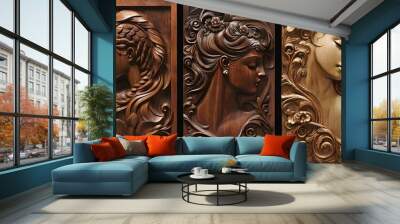 antique wooden door, three panel wooden background  Wall mural