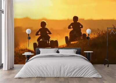 
Two children riding homemade go-karts down a steep hill, their silhouettes speeding past. The golden light of the sunset reflects off their makeshift vehicles, with the open countryside stretching Wall mural