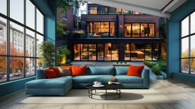 Urban townhouse exterior with a modern design, featuring large glass windows, dark brick and metal accents, and a small, private rooftop garden with contemporary outdoor Wall mural