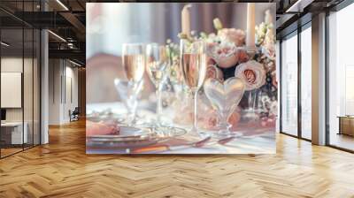 Elegantly decorated contemporary dinner table with champagne glasses, napkin holders, and candles with floral composition Wall mural