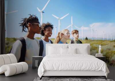 Group of young adults in an open field with wind turbines in the background, showcasing a blend of nature, renewable energy, and camaraderie under a clear blue sky. Gen alpha concept Wall mural