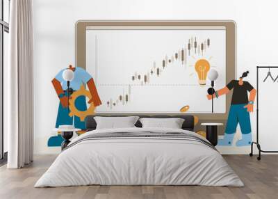 Personal financing. Investment idea. Financial advisor and analyst. Minor shareholders. People with huge computer monitor and candle stick graph chart. Vector illustration. Wall mural