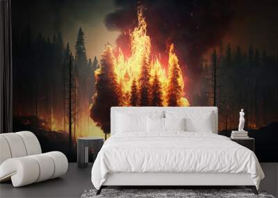 burning fire in the forest. Generative AI Wall mural