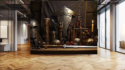 Still life of medieval weaponry including swords, shields, and a bow on a rustic background Wall mural