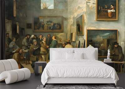 In a cozy studio, Renaissance artists create masterpieces using paint, brushes, and creative inspiration. Wall mural