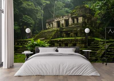 Mysterious ancient ruins discovered in remote jungle, overgrown with vibrant green foliage and vegetation. Wall mural