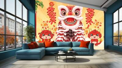 Vintage Chinese new year poster design with lion dance. Chinese wording means Happy new year, Wishing you prosperity and wealth, Prosperity Wall mural