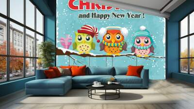 vintage christmas poster design with owls Wall mural