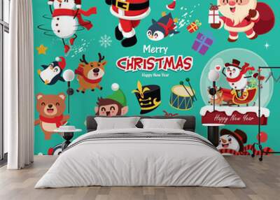 Vintage Christmas poster design with vector snowman, reindeer, penguin, Santa Claus, elf, bear characters. Wall mural