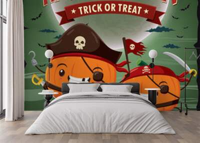 Vintage Halloween poster design with vector pirate character. Wall mural