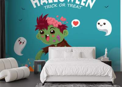 Vintage Halloween poster design with vector zombie & ghost character.  Wall mural