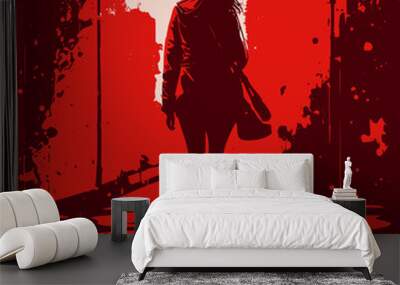 Silhouette of an attractive woman walking through the city at night in the rain. Wall mural