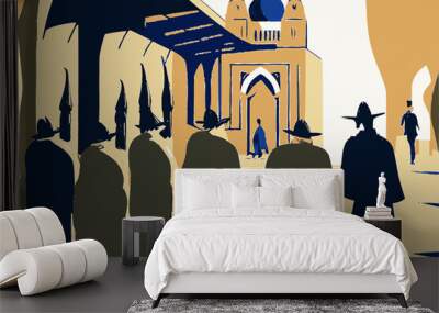 Tel Aviv street with a silhouette of an orthodox jew in traditional clothes. Abstract vector image. Wall mural