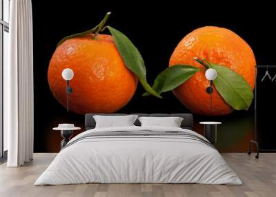 Juicy mandarin, two fruit mandarin on pure black background. Wall mural